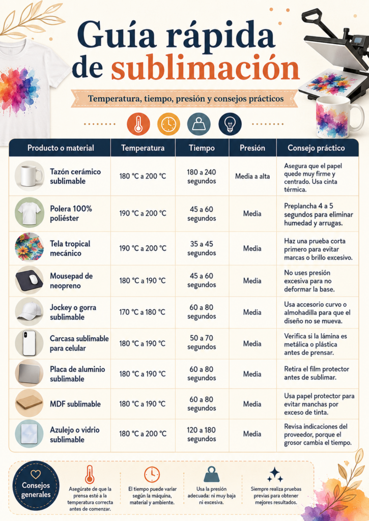 Infografía con tiempos y temperaturas para sublimar tazones poleras y telas