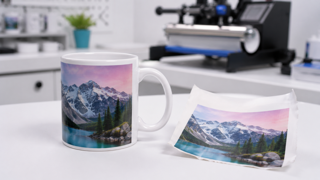 taza sublimada terminada junto a un papel de sublimación recién retirado
